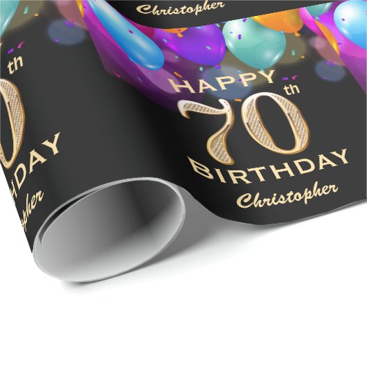 Papier Cadeau 70e fête d'anniversaire Ballons noirs et or (Coin rond)