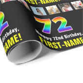Papier Cadeau 72e anniversaire : Arc-en-ciel "72"; photos et nom (Coin rond)