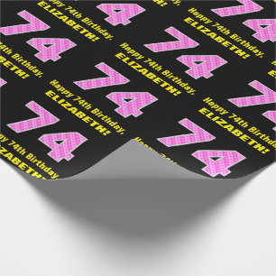Papier Cadeau 74e anniversaire : Pink Stripes and Hearts "74" + 