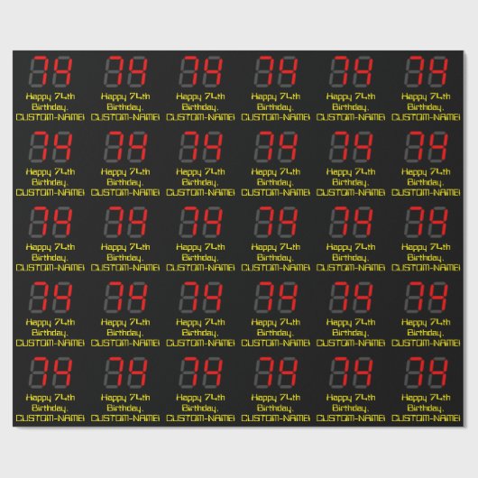 Papier Cadeau 74e anniversaire : Rouge Digital Clock Style "74" (Plat)