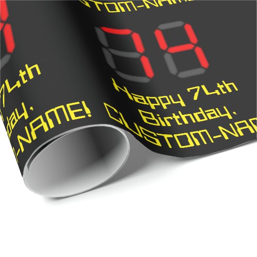 Papier Cadeau 74e anniversaire : Rouge Digital Clock Style "74" (Coin rond)