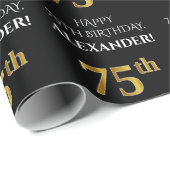 Papier Cadeau 75e anniversaire : Elégant, Noir, Faux Gold Look (Coin rond)