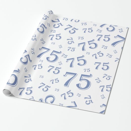 Papier Cadeau 75e anniversaire Numéro Motif 75 Bleu et blanc (Déroulé)