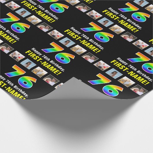 Papier Cadeau 76e anniversaire : Arc-en-ciel "76"; photos et nom (Coin)