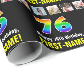 Papier Cadeau 76e anniversaire : Arc-en-ciel "76"; photos et nom (Coin rond)