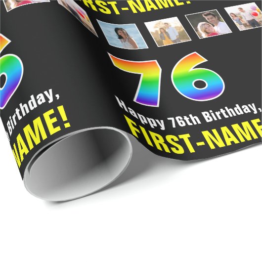 Papier Cadeau 76e anniversaire : Arc-en-ciel "76"; photos et nom (Coin rond)
