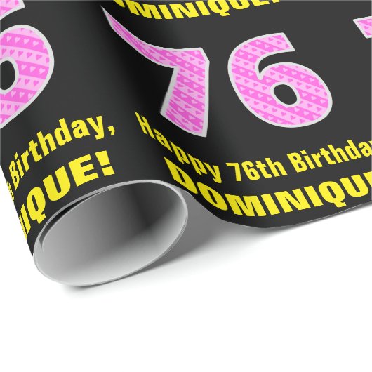 Papier Cadeau 76e anniversaire : Pink Stripes and Hearts "76" + (Coin rond)