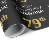 Papier Cadeau 79e anniversaire : Elégant, Noir, Faux Gold Look (Coin rond)