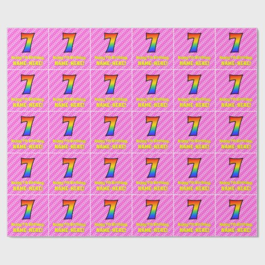 Papier Cadeau 7e anniversaire : Pink Stripes & Hearts, Rainbow # (Plat)