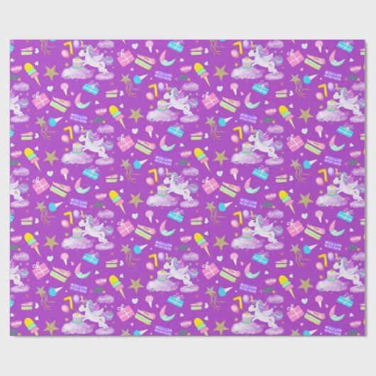 Papier Cadeau 7e anniversaire Unicorn Motif pourpre (Plat)