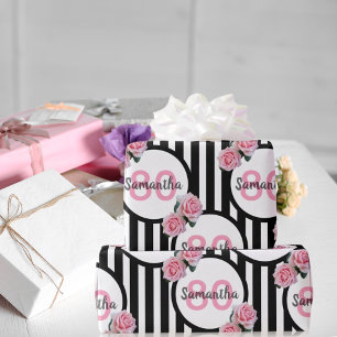 Papier Cadeau 80e anniversaire chic rose roses noir blanc rayure