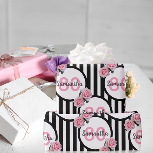 Papier Cadeau 80e anniversaire chic rose roses noir blanc rayure
