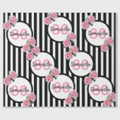 Papier Cadeau 80e anniversaire chic rose roses noir blanc rayure (Plat)
