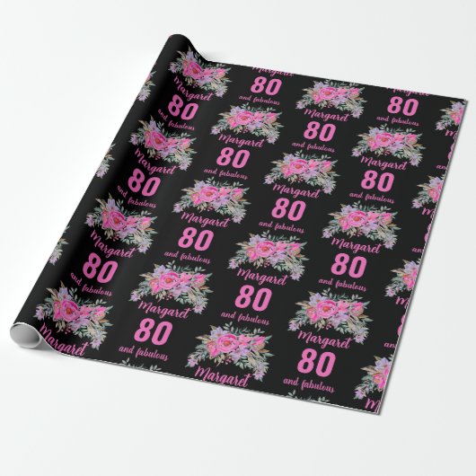 Papier Cadeau 80e anniversaire noir rose floral (Déroulé)