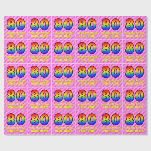 Papier Cadeau 80e anniversaire : Pink Stripes & Hearts, Arc en c (Plat)