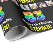 Papier Cadeau 83e anniversaire : Arc-en-ciel "83"; photos et nom (Coin rond)