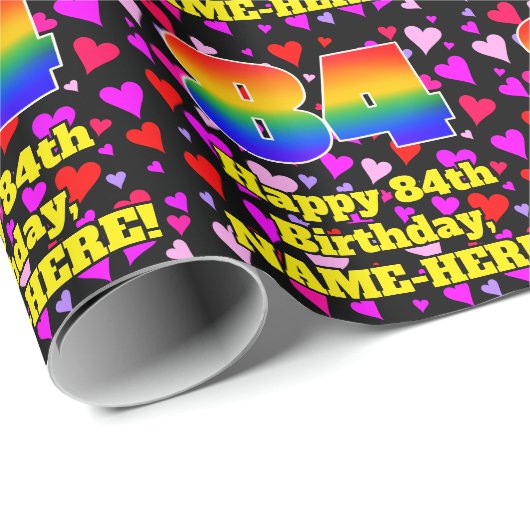 Papier Cadeau 84th Birthday: Loving Hearts Pattern, Rainbow # 84 (Coin rond)