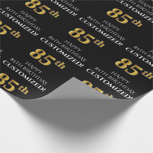 Papier Cadeau 85e anniversaire : Elégant, Noir, Faux Gold Look (Coin)