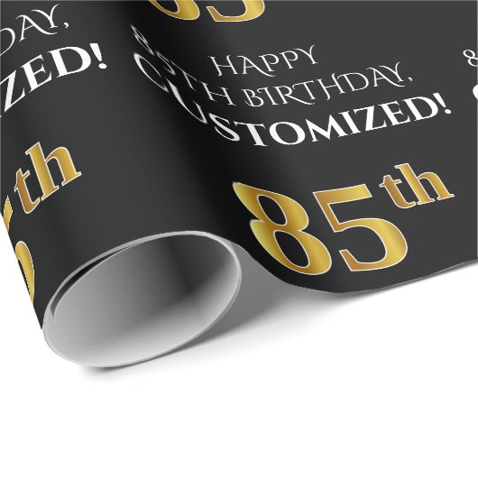 Papier Cadeau 85e anniversaire : Elégant, Noir, Faux Gold Look (Coin rond)