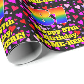 Papier Cadeau 87e anniversaire : Amour Hearts Motif, Arc-en-ciel (Coin rond)