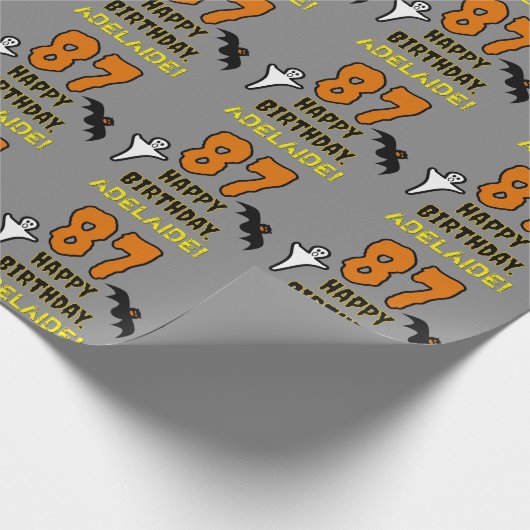Papier Cadeau 87e anniversaire : thème Halloween effrayant, nom (Coin)