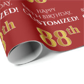 Papier Cadeau 88e anniversaire : Elégant, Rouge, Faux Gold Look (Coin rond)