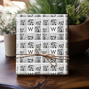 Papier Cadeau 8 Collage Photo Monogramme Personnalisé Noir et Bl