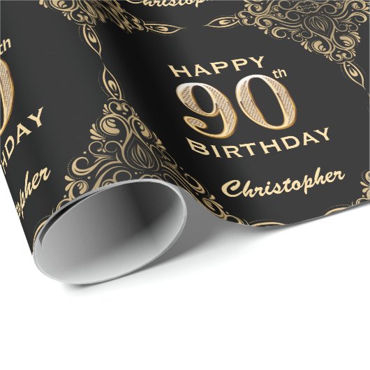 Papier Cadeau 90e anniversaire Black and Gold Parties scintillan (Coin rond)