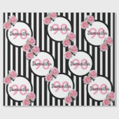 Papier Cadeau 90e anniversaire chic rose roses noir blanc rayure (Plat)