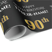 Papier Cadeau 90e anniversaire : Elégant, Noir, Faux Gold Look (Coin rond)