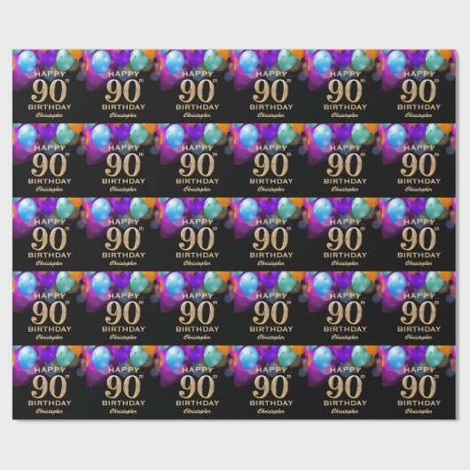 Papier Cadeau 90e fête d'anniversaire Ballons noirs et or (Plat)