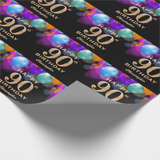 Papier Cadeau 90e fête d'anniversaire Ballons noirs et or (Coin)
