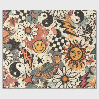 Papier Cadeau 90s Happy Faces Sun Flowers Pattern
