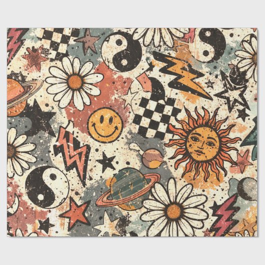 Papier Cadeau 90s Happy Faces Sun Flowers Pattern (Plat)