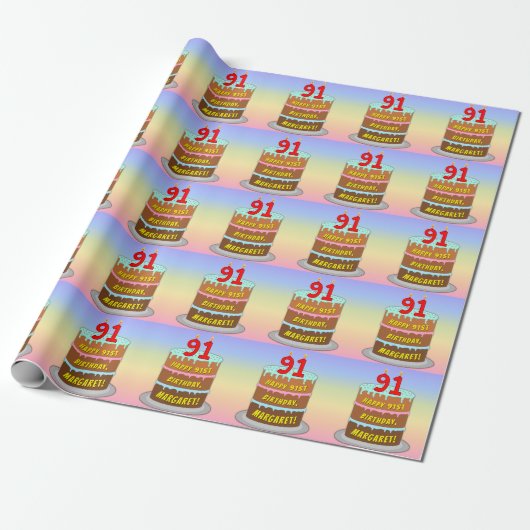 Papier Cadeau 91e anniversaire : Fun Cake and Candles + Nom pers (Déroulé)