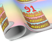 Papier Cadeau 91e anniversaire : Fun Cake and Candles + Nom pers (Coin rond)