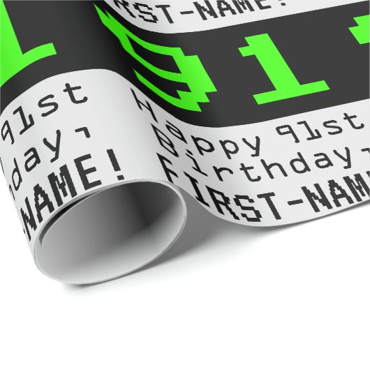 Papier Cadeau 91e anniversaire - Nerdy / Geeky Style "91" et nom (Coin rond)