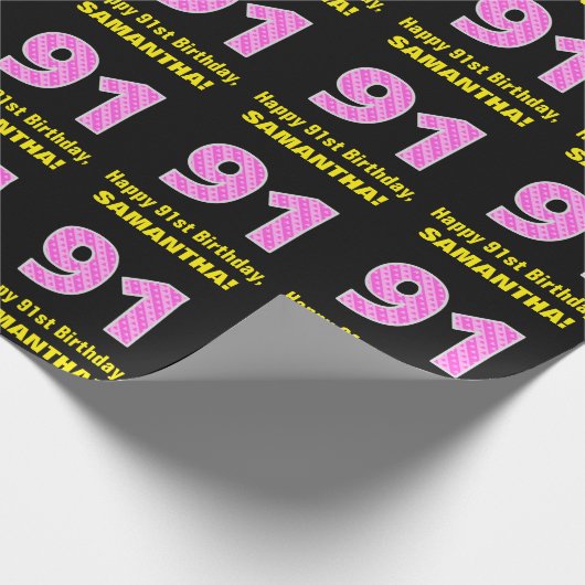 Papier Cadeau 91e anniversaire : Pink Stripes and Hearts "91" +  (Coin)