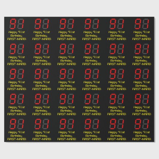 Papier Cadeau 91e anniversaire : Rouge Digital Clock Style "91"  (Plat)