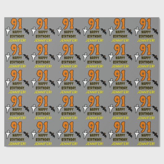 Papier Cadeau 91e anniversaire : Thème d'Halloween Éffrayant, No (Plat)