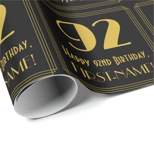 Papier Cadeau 92e anniversaire ~ Art Déco Inspiré Look "92", Nom (Coin rond)