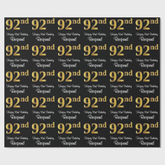Papier Cadeau 92e anniversaire : Elégant luxe Faux Gold Look # (Plat)