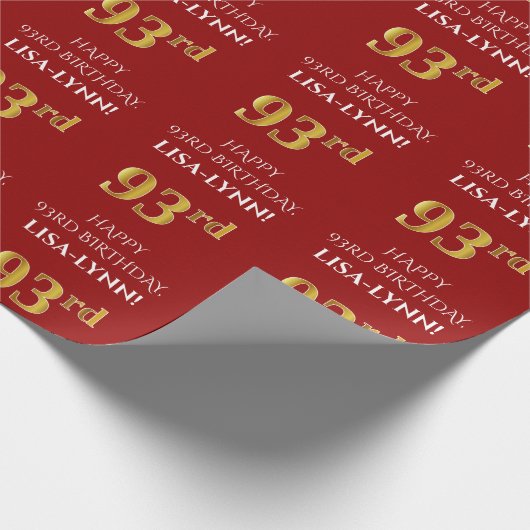 Papier Cadeau 93e anniversaire : Elégant, Rouge, Faux Gold Look (Coin)
