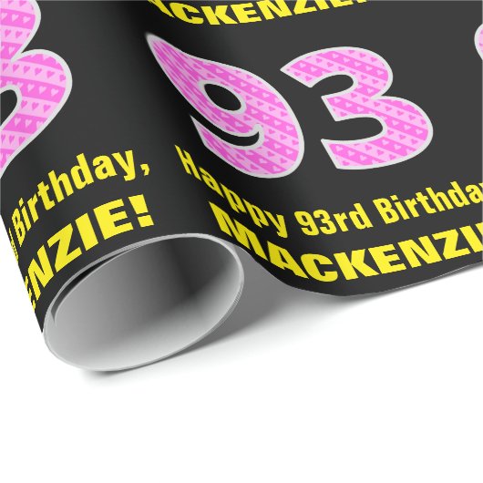 Papier Cadeau 93e anniversaire : Pink Stripes and Hearts "93" + (Coin rond)