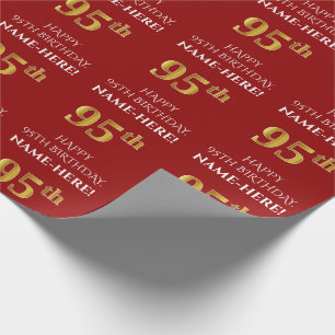 Papier Cadeau 95e anniversaire : Elégant, Rouge, Faux Gold Look