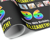 Papier Cadeau 96e anniversaire : Arc-en-ciel "96"; photos et nom (Coin rond)