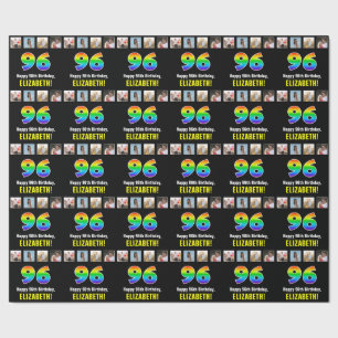 Papier Cadeau 96e anniversaire : Arc-en-ciel "96"; photos et nom