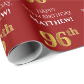 Papier Cadeau 96e anniversaire : Elégant, Rouge, Faux Gold Look (Coin rond)