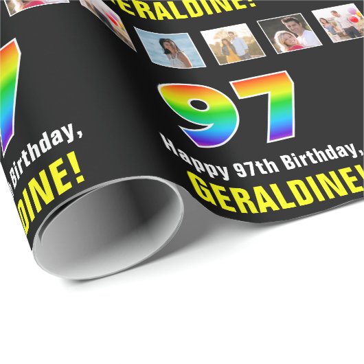 Papier Cadeau 97e anniversaire : Arc-en-ciel "97"; photos et nom (Coin rond)