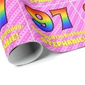 Papier Cadeau 97e anniversaire : Pink Stripes & Hearts, Arc en c (Coin rond)